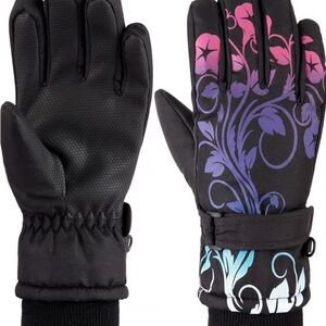 Floral Patterned Kids Mittens - Black and Purple